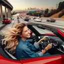 blonde driving convertible on ramp freeway hair flying