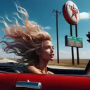 blonde driving convertible texaco sign freeway hair flying
