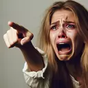 blonde woman crying with arm outstretched pointing