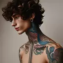 boy with curly hair with a neck tattoo and forearm tattoo