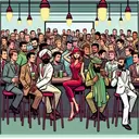 cartoon crowded bar many men one lady in red