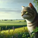 cat looking right background outside a green fildt