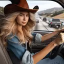 cowgirl blonde driving pickup truck freeway hair flying