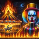 crying circus clown big top on fire background carousel ferris wheel