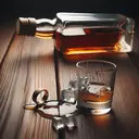 empty whiskey bottle with shot glass spilled on table with gold wedding ring