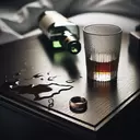 half full whiskey bottle with shot glass spilled on night stand table with elegant gold wedding ring