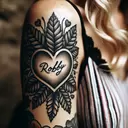 heavily tattooed female left arm tattoo heart with robby inside