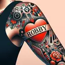 heavily tattooed female left arm tattoo red heart with robby inside