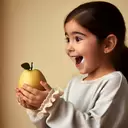 little girl hold new fruit she very happy she seen in profile view