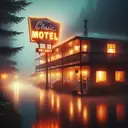 motel rainy night vacancy sign light in window fog