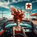 redhead convertible texaco sign freeway hair flying