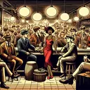 retro 1920 cartoon crowded bar five men one lady in red