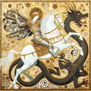 saint george on his white horse defeating the black foiled dragon in the style of gustav klimt