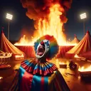 screaming crying circus clown big top on fire background small carousel ferris wheel