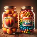 two jars one label peaches 2nd label pride gumballs