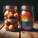 two jars one label peaches 2nd label pride on table