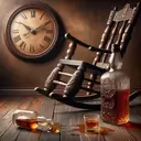 whiskey bottle rocking chair spilled shot glass antique clock on wall