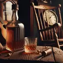 whiskey bottle rocking chair spilled shot glass gold ring grandfather clock