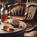 whiskey bottle rocking chair spilled shot glass table with gold pocket watch