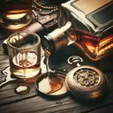 whiskey bottle spilled shot glass table with gold pocket watch