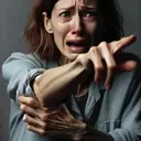 white woman crying with arm outstretched pointing in fear