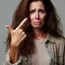 woman crying with arm outstretched pointing